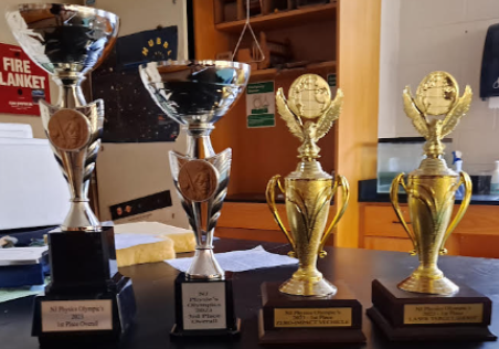 The trophies won by the Modern Physics Club at the NJAAPT Physics Olympics Competition

